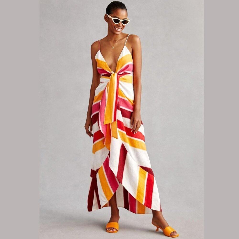 Juan de Dios Sophia Linen Maxi Dress Fuchsia Stripe Wrap Style Size M‎